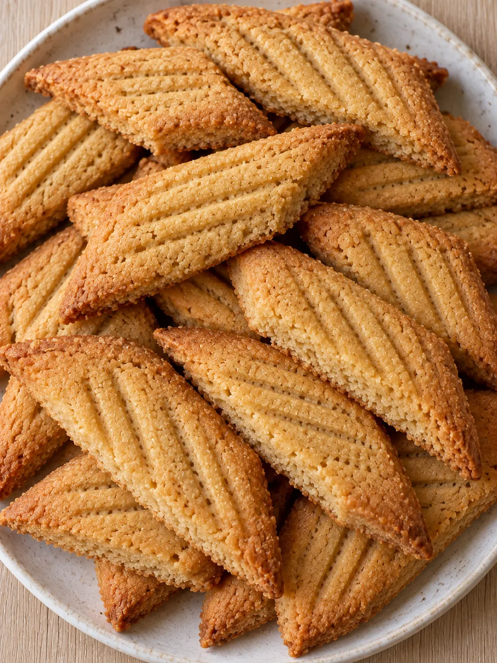 Snedskurna kolasnittar med gyllene kanter och gaffelspår tätt lagda på ett fat