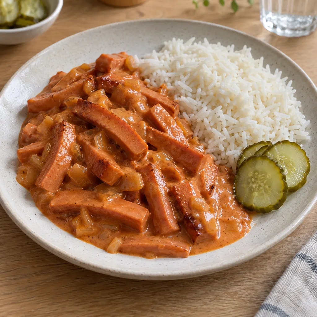 Korv stroganoff i krämig tomatsås med vitt ris och inlagd gurka