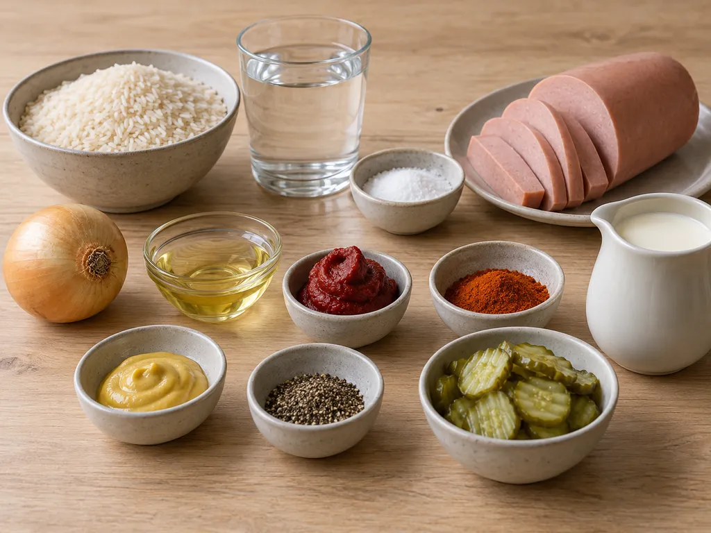 Falukorv, ris, lök, tomatpuré, grädde, senap och övriga råvaror