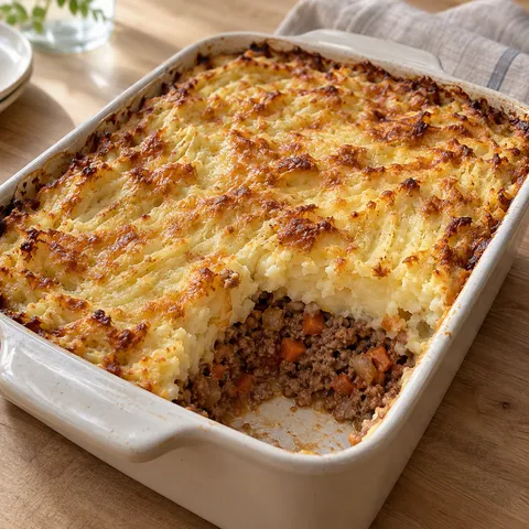 Köttfärsgratäng med potatismos, gyllene ost och synlig färsfyllning