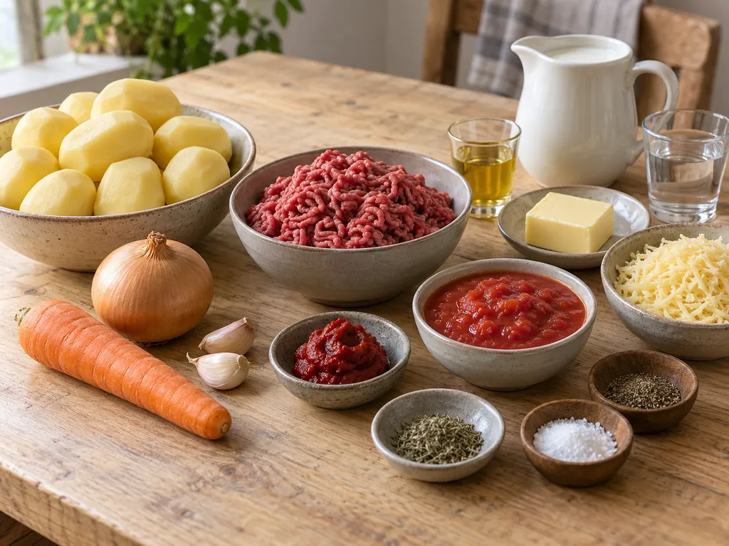 Potatis, nötfärs, tomat, morot, lök och mjölkprodukter till köttfärsgratäng