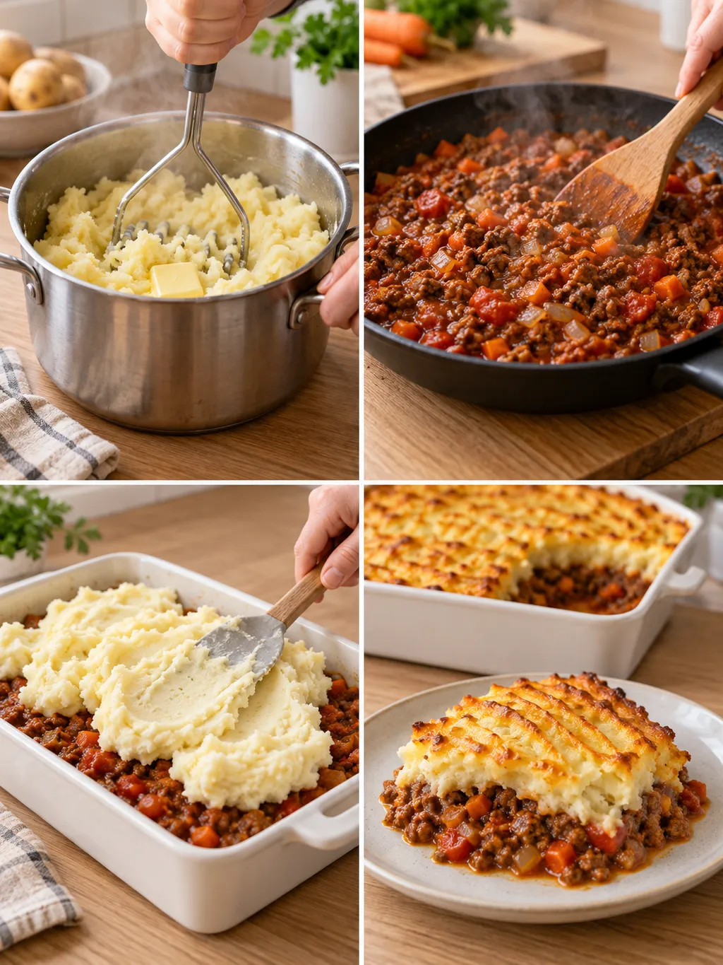 Potatis mosas, färssås kokas och gratängen täcks med mos innan gräddning