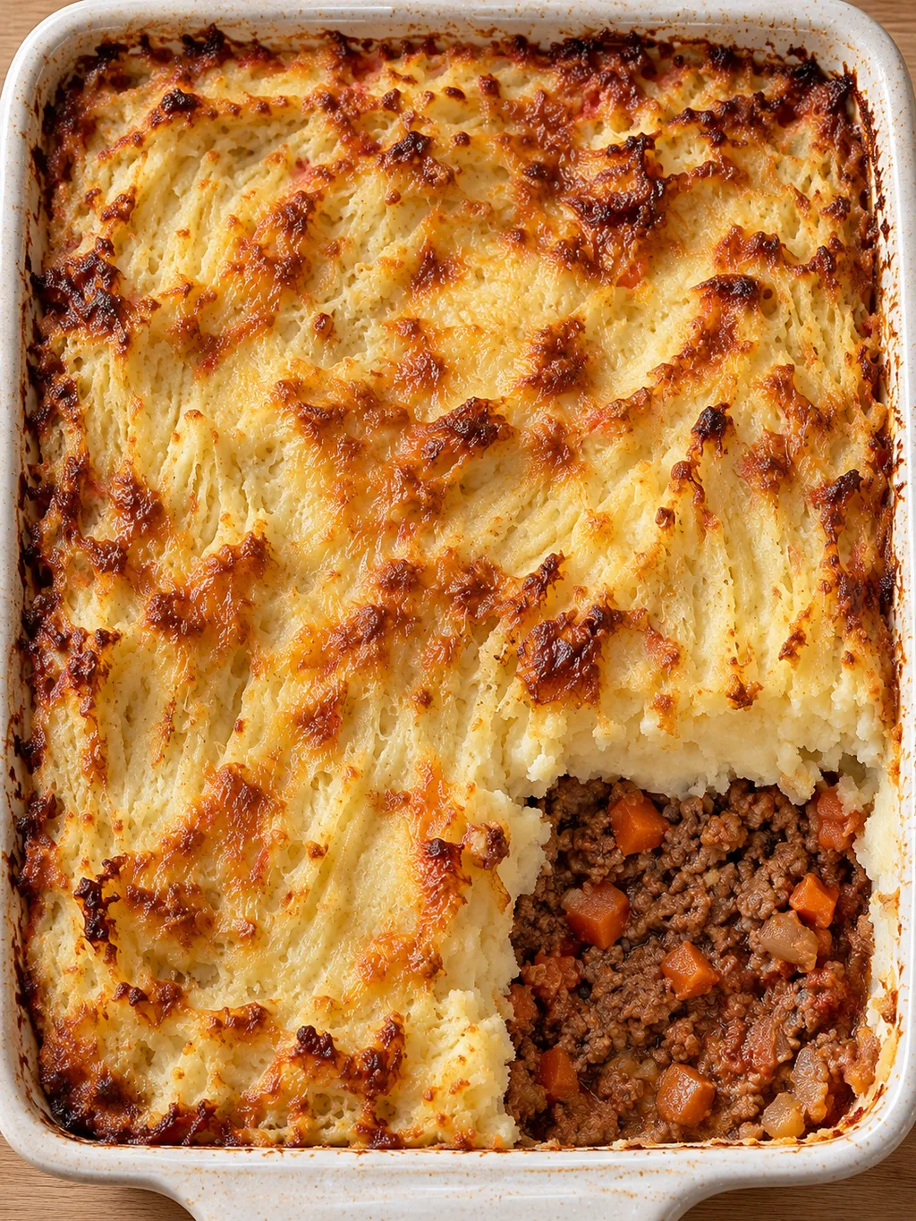 Köttfärsgratäng med gyllene osttäcke och gaffelränder i potatismoset