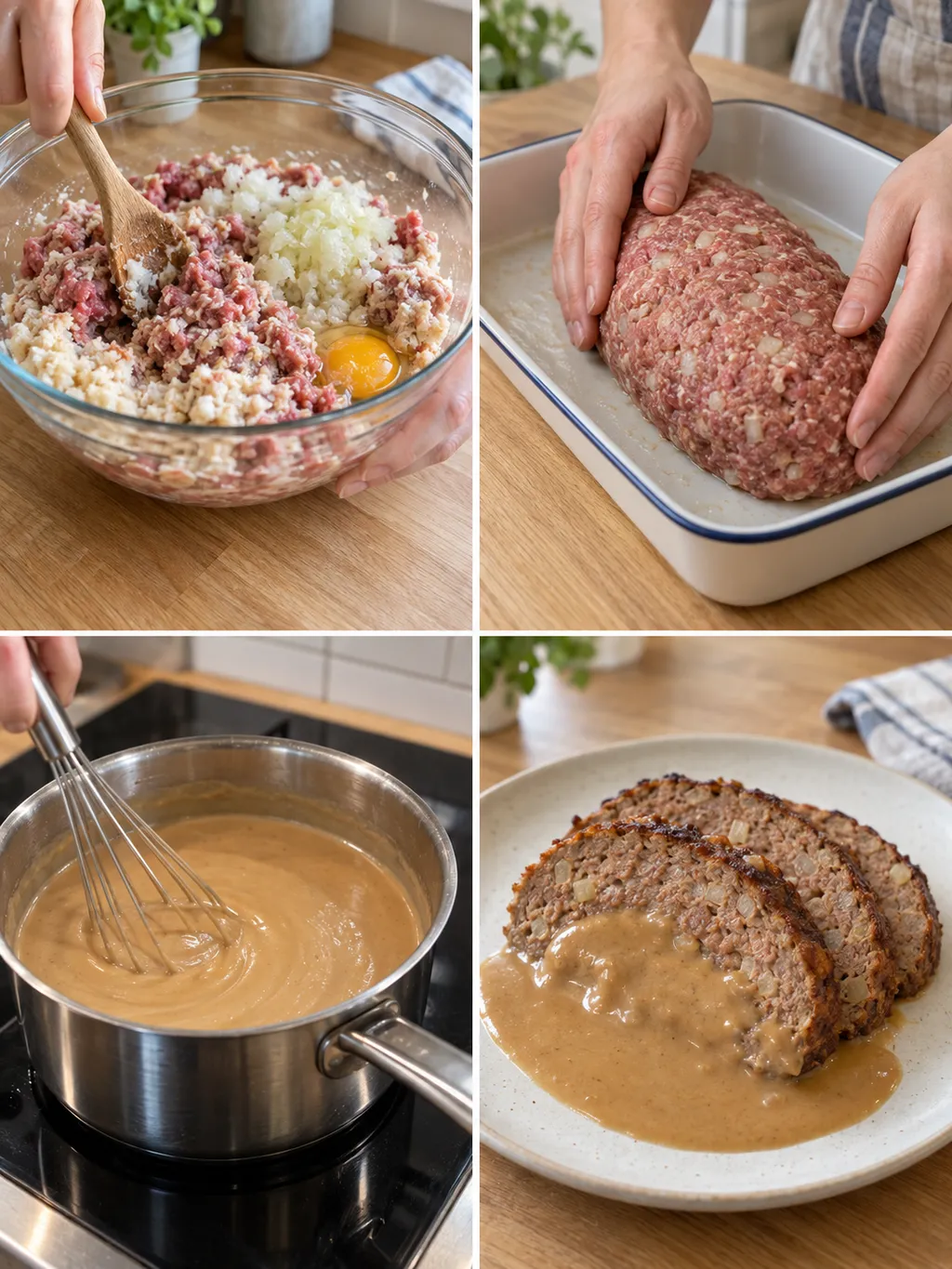 Panad, formning av köttfärslimpa, gräddsås och färdiga skivor på tallrik