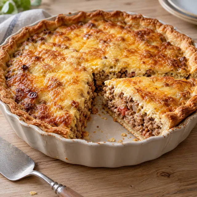 Köttfärspaj med gyllene osttäcke och en uppskuren bit som visar den krämiga fyllningen