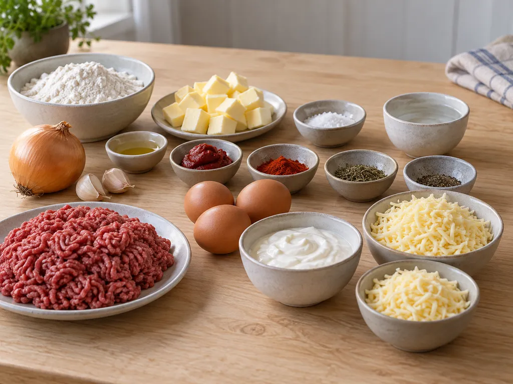 Mjöl, smör, nötfärs, lök, kryddor, ägg, crème fraîche och riven ost till köttfärspaj