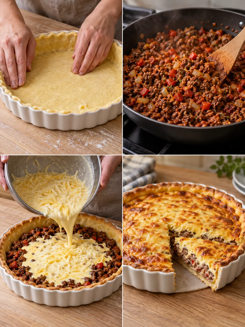 Pajdeg formas, färs steks, stanning hälls på och den färdiga köttfärspajen serveras