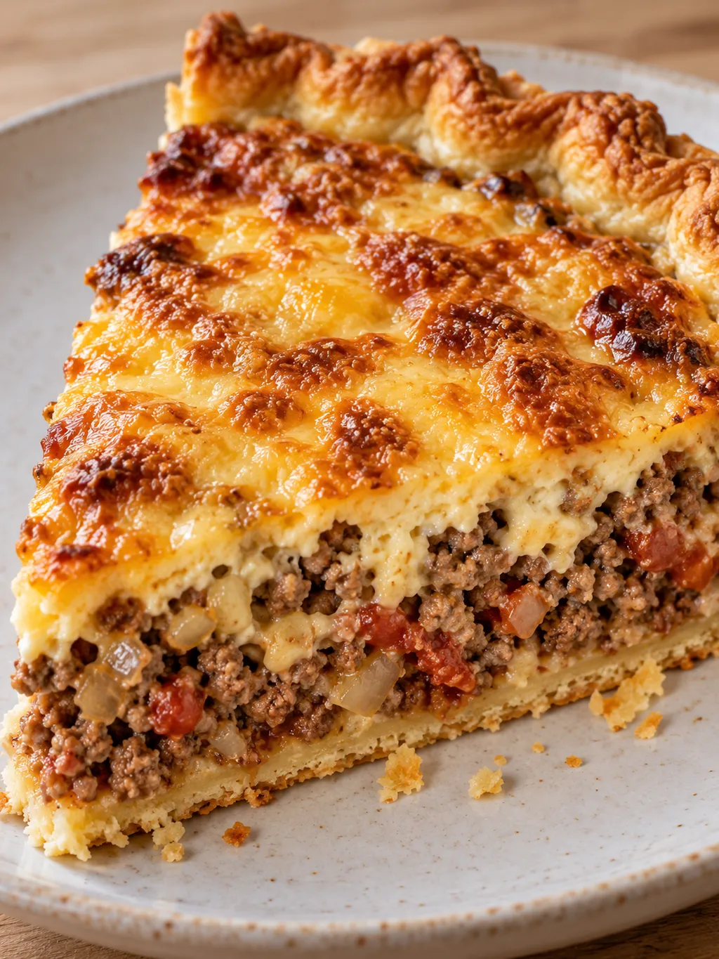 En bit köttfärspaj med frasig botten, krämig färsfyllning och brynt osttäcke