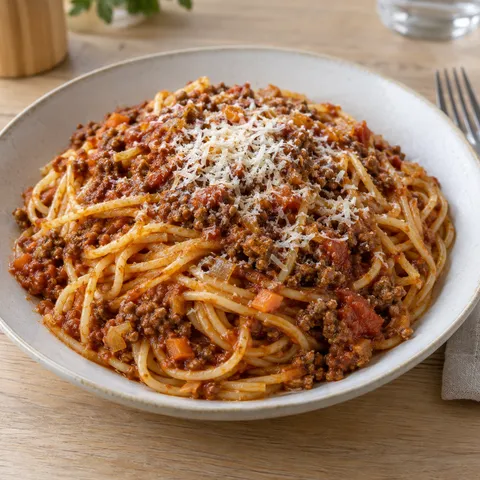 Spaghetti med tjock köttfärssås och finriven parmesan på en ljus tallrik