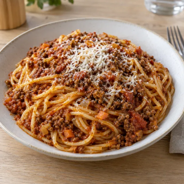 Spaghetti med tjock köttfärssås och finriven parmesan på en ljus tallrik