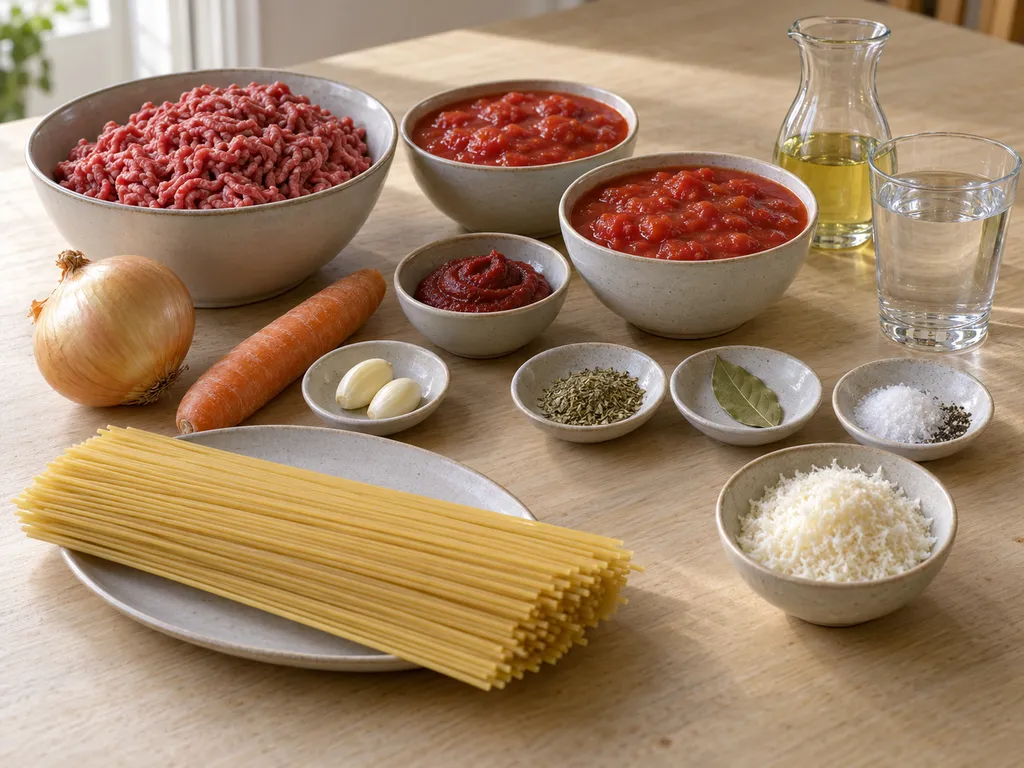 Nötfärs, tomater, lök, morot, vitlök, spaghetti och övriga råvaror till köttfärssås