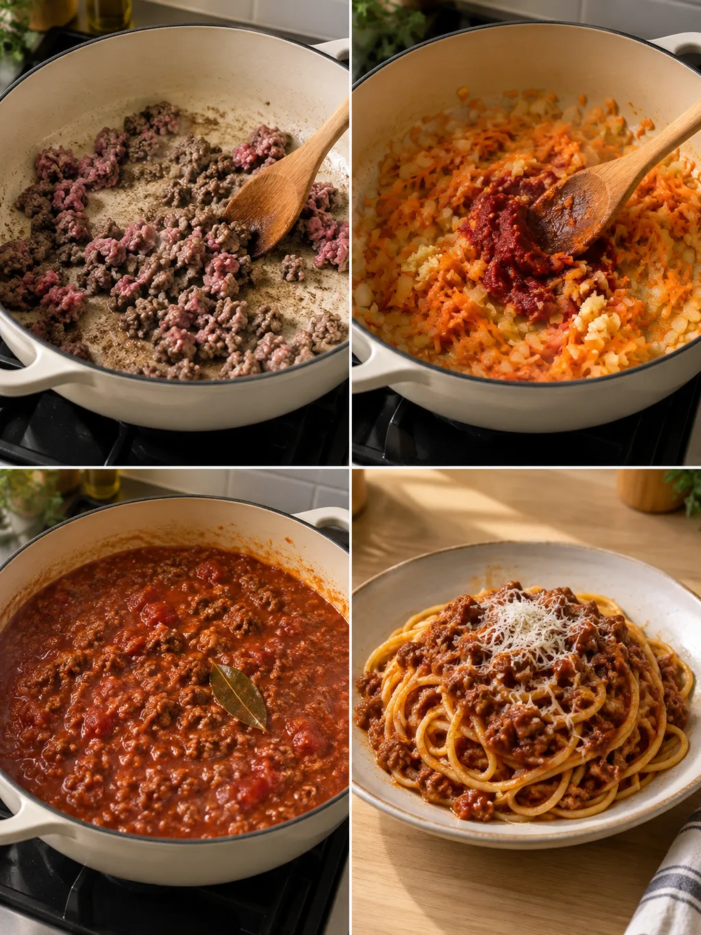 Bryning av färs, fräsning av grönsaker, sjudning och färdig spaghetti med köttfärssås