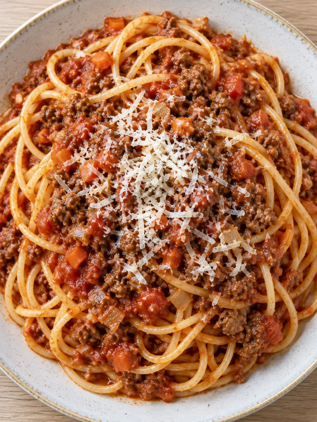 Spaghetti täckt av mustig köttfärssås med riven parmesan