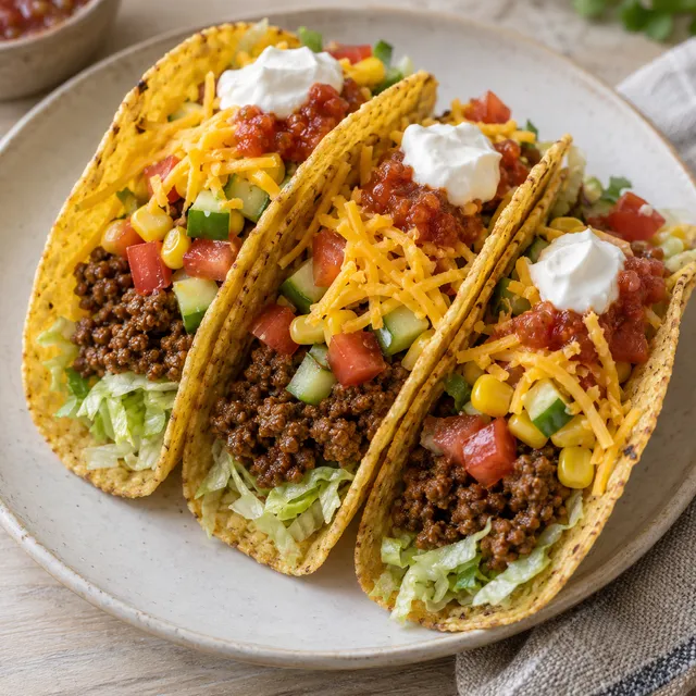 Köttfärstacos i krispiga majsskal med grönsaker, ost, salsa och gräddfil