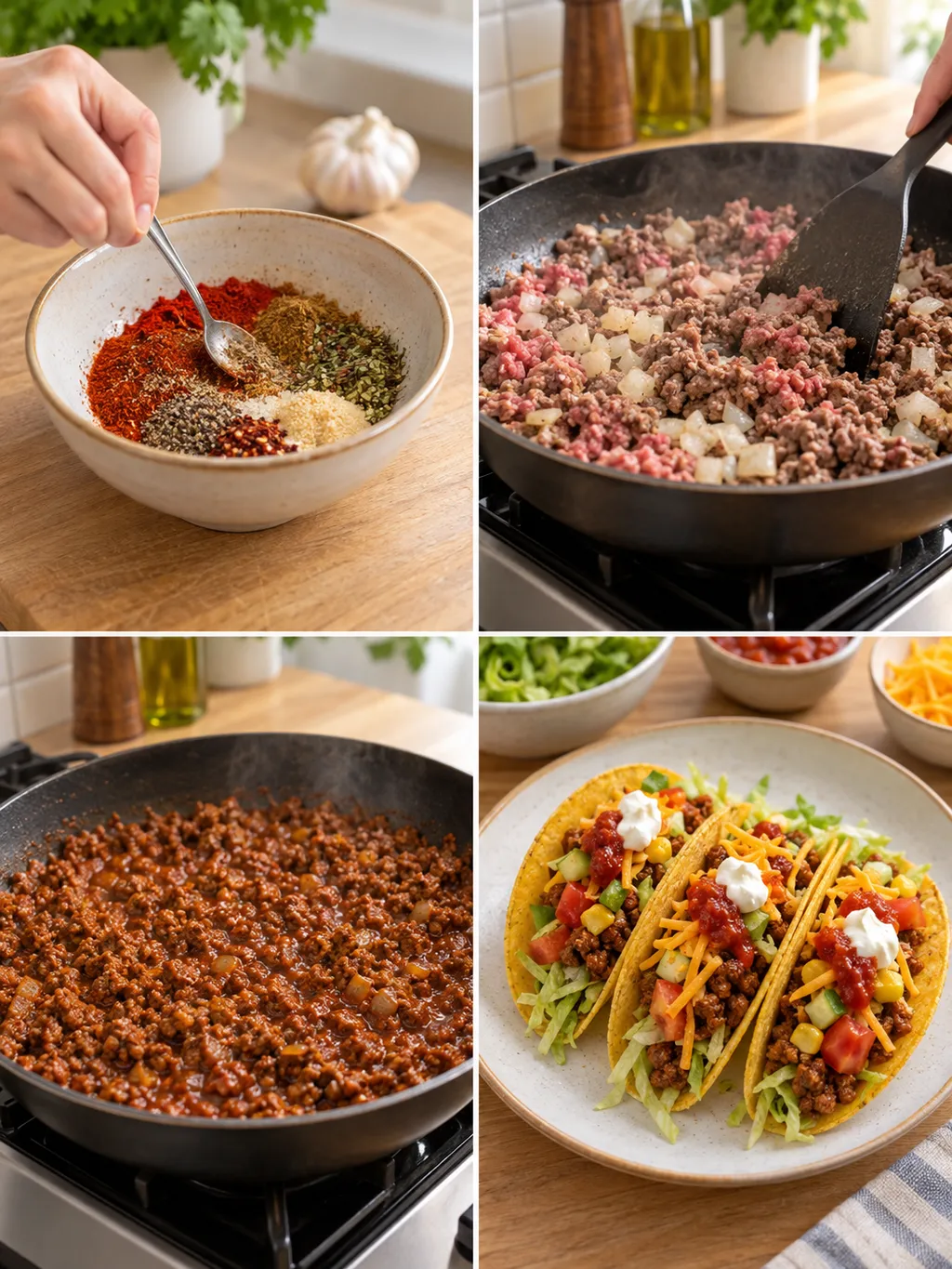 Tacokrydda blandas, färsen bryns och sjuder innan färdiga tacos serveras