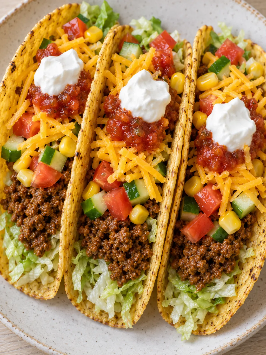 Krispiga köttfärstacos med tomat, gurka, majs, cheddar och gräddfil