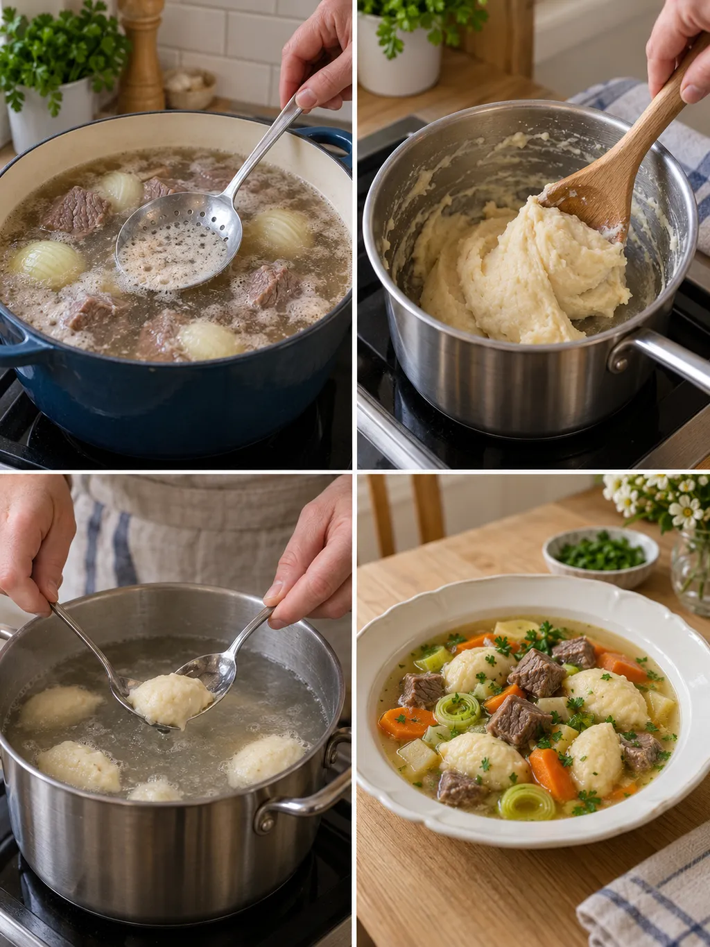 Köttbuljong skummas, klimpsmet rörs och små klimpar sjuds före servering