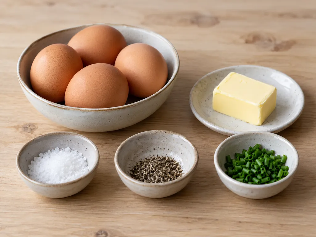 Fyra ägg, smör, salt, svartpeppar och gräslök till äggröra