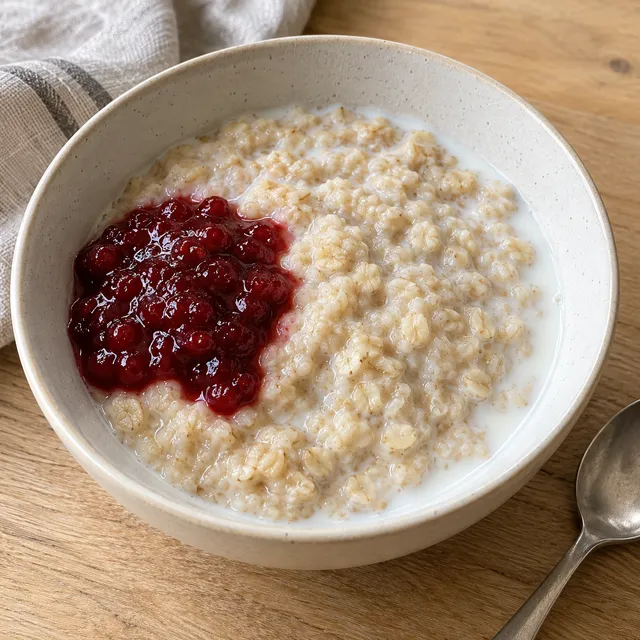 Krämig havregrynsgröt med röd lingonsylt och mjölk i en ljus skål