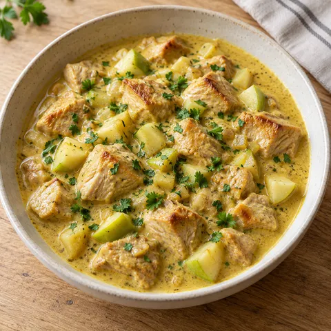 Krämig kycklinggryta med curry, äppelbitar och persilja i en ljus skål