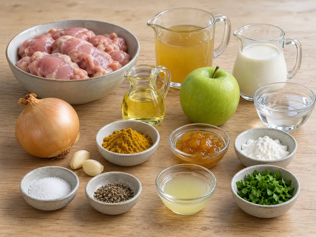 Kyckling, äpple, lök, curry, grädde och övriga råvaror till kycklinggrytan