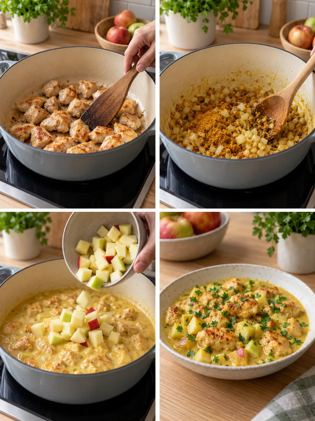 Kyckling bryns, curry fräses, äpple tillsätts och den färdiga grytan serveras