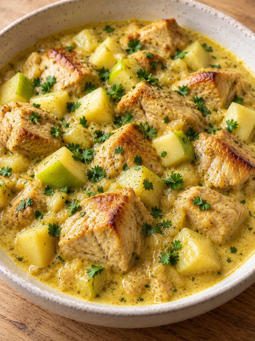 Gyllengul kycklinggryta med curry, mjuka äppelbitar och hackad persilja
