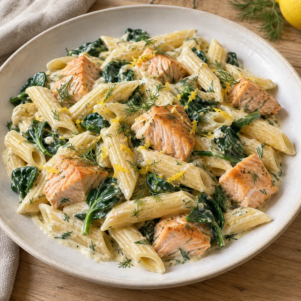 Krämig laxpasta med penne, spenat, citron och dill på en ljus tallrik