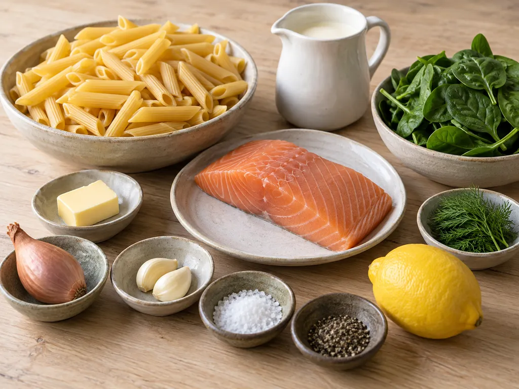 Lax, penne, grädde, spenat, citron, dill och övriga råvaror till laxpasta