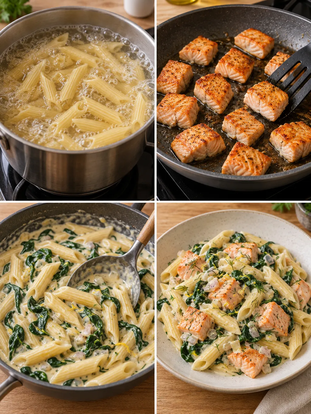 Penne kokas, lax steks och spenatsås blandas före servering av färdig laxpasta