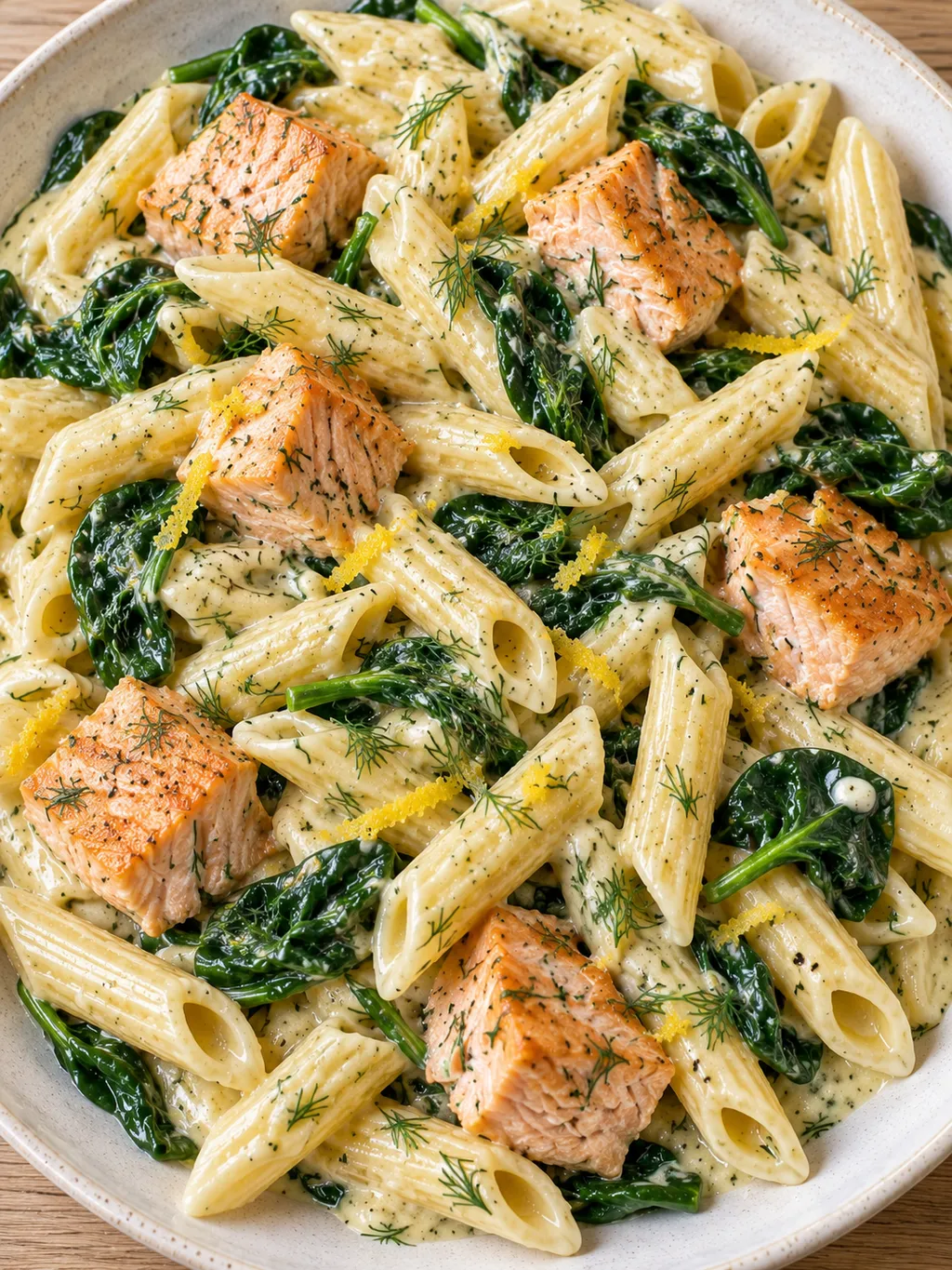 Penne i krämig citronsås med laxbitar, spenat och hackad dill