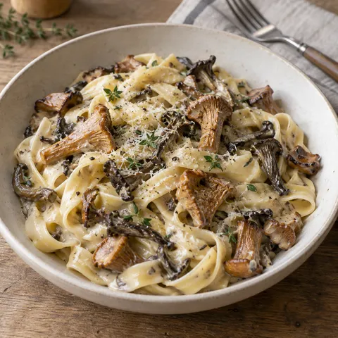 Krämig svamppasta med brynta kantareller, parmesan och färska timjanblad