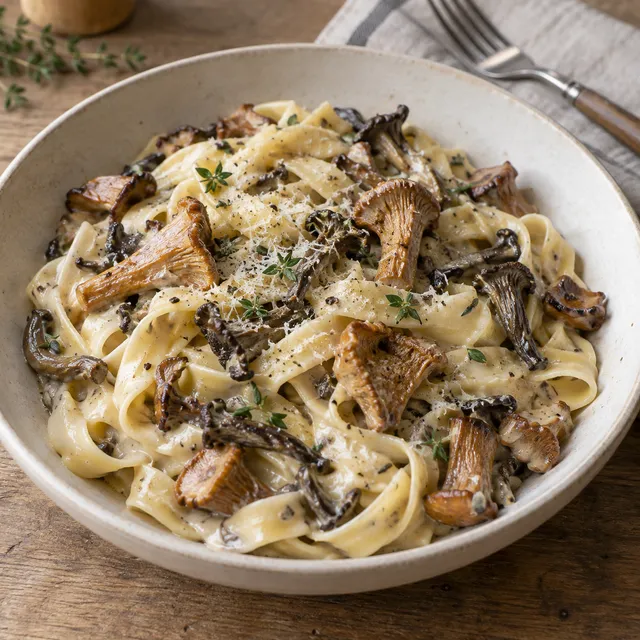 Krämig svamppasta med brynta kantareller, parmesan och färska timjanblad