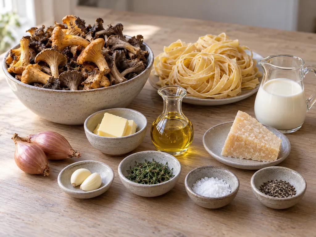 Skogssvamp, tagliatelle, grädde, parmesan, timjan och övriga råvaror till svamppasta