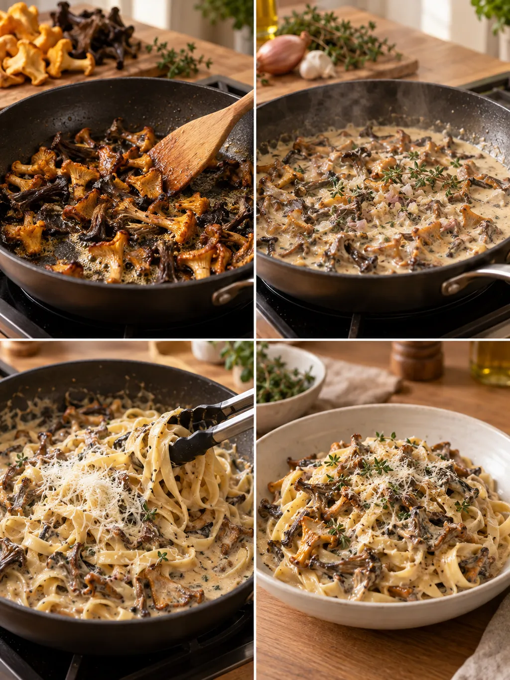 Svampen bryns, såsen sjuds och pastan blandas före servering med parmesan och timjan