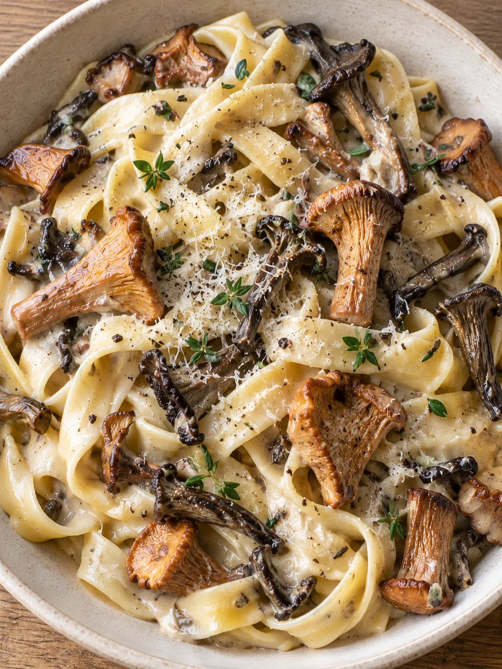 Tagliatelle i krämig sås med skogssvamp, riven parmesan och timjan