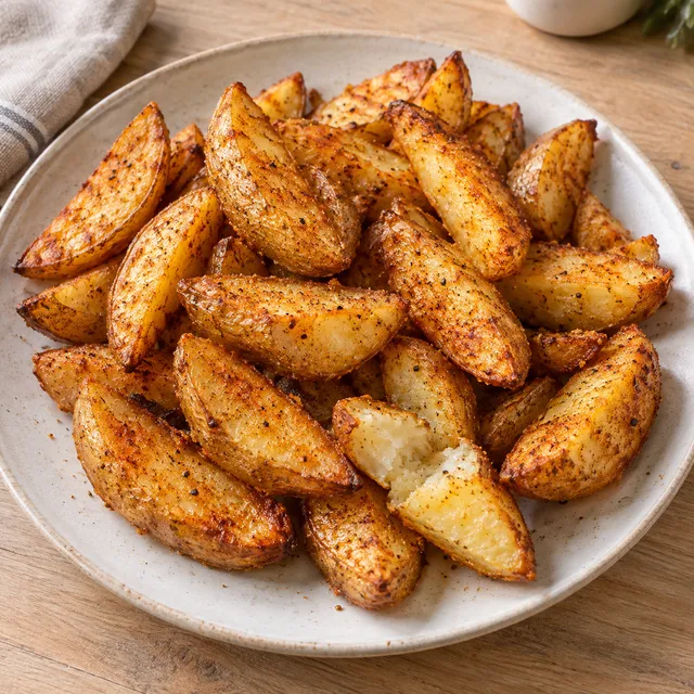 Ljust gyllene potatisklyftor med skal, paprika och svartpeppar på ett ljust fat