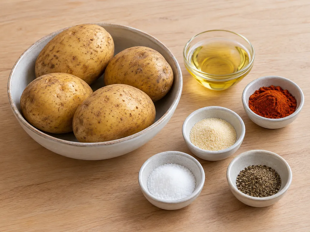 Potatis, rapsolja, paprikapulver, vitlökspulver, salt och svartpeppar i separata skålar