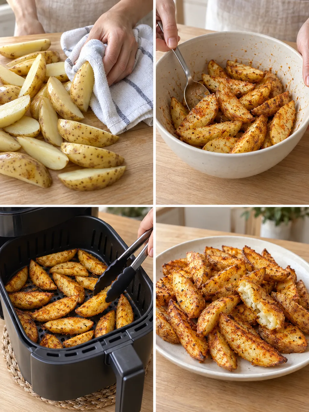 Potatisklyftor torkas, kryddas och vänds i airfryern före servering på fat
