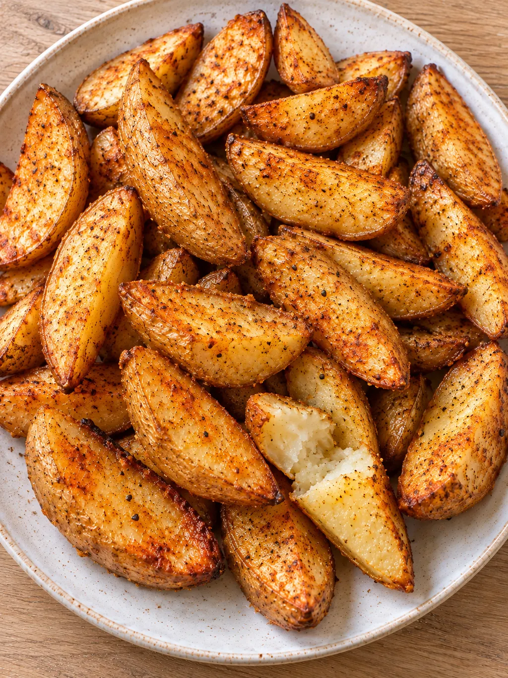 Frasiga potatisklyftor med paprika och en delad klyfta som visar mjuk mitt