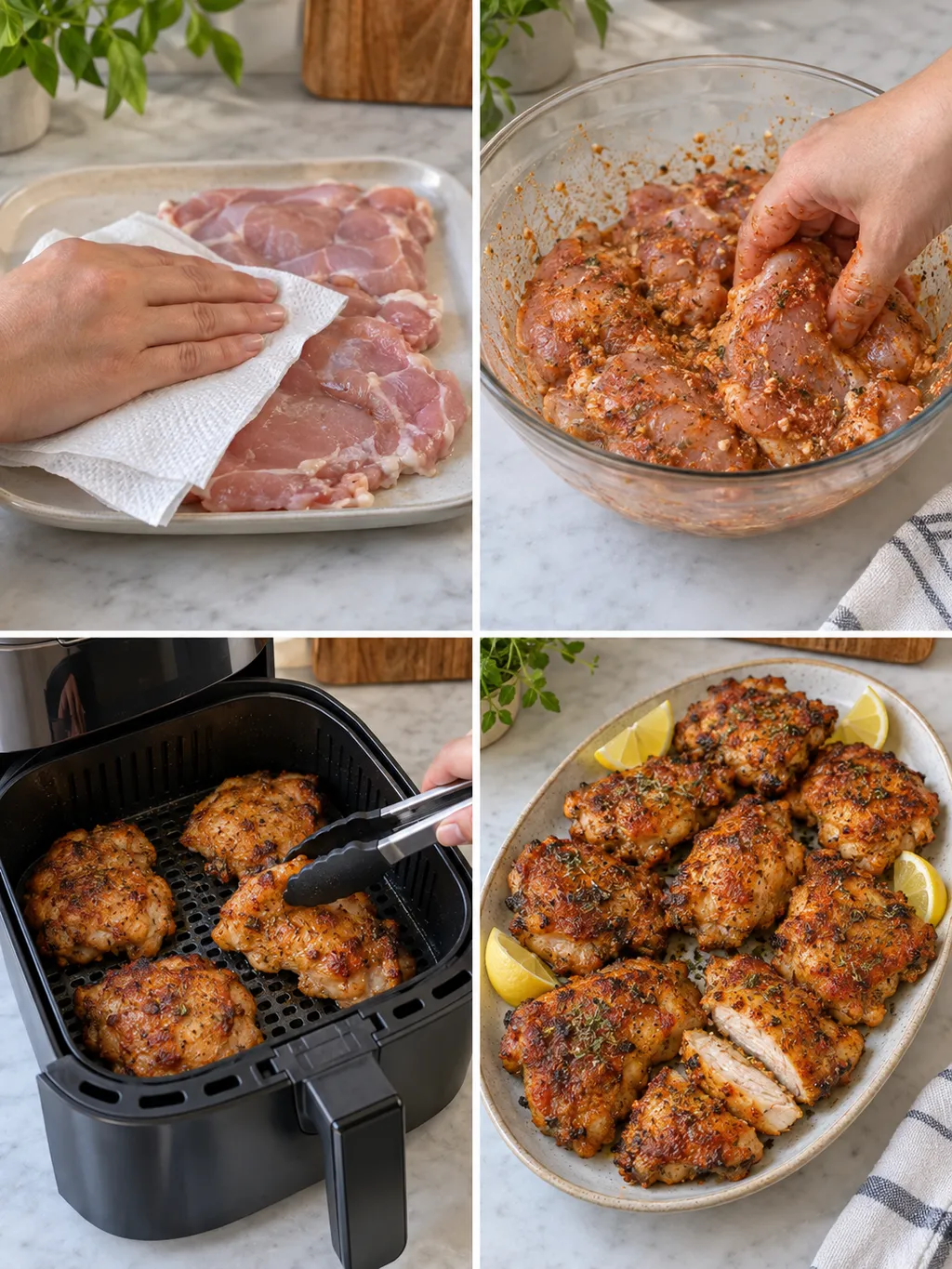 Kycklinglårfiléer torkas, kryddas och vänds i airfryern före servering med citron
