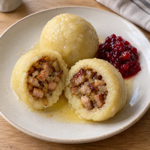 Kroppkakor med fläskfyllning, smält smör och lingonsylt på en ljus tallrik