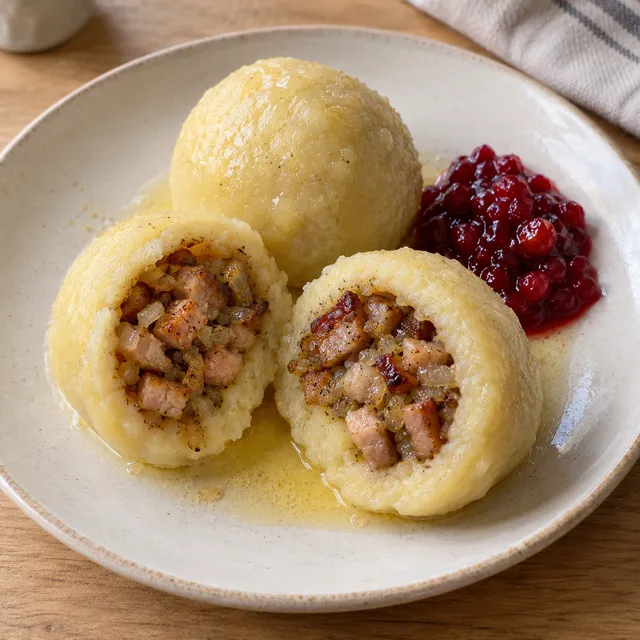 Kroppkakor med fläskfyllning, smält smör och lingonsylt på en ljus tallrik