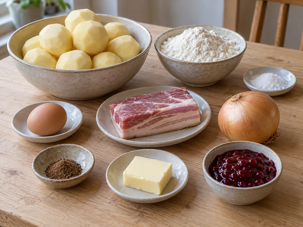 Potatis, fläsk, lök, ägg, mjöl, kryddpeppar, salt, smör och lingonsylt