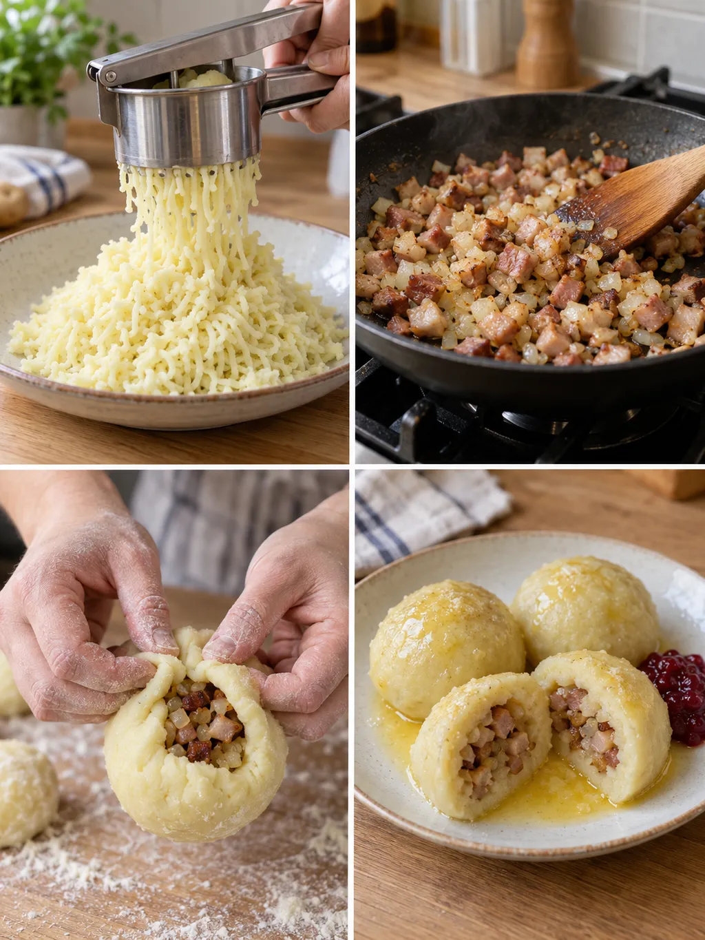 Potatispressning, stekt fläskfyllning, formning och färdiga kroppkakor med lingon