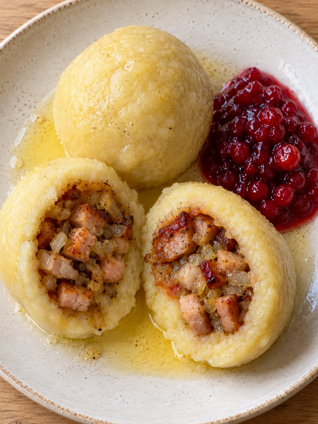 Delade kroppkakor med fläsk och lök, smält smör och röd lingonsylt