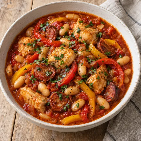 Kycklinggryta med chorizo, röd och gul paprika, vita bönor och persilja