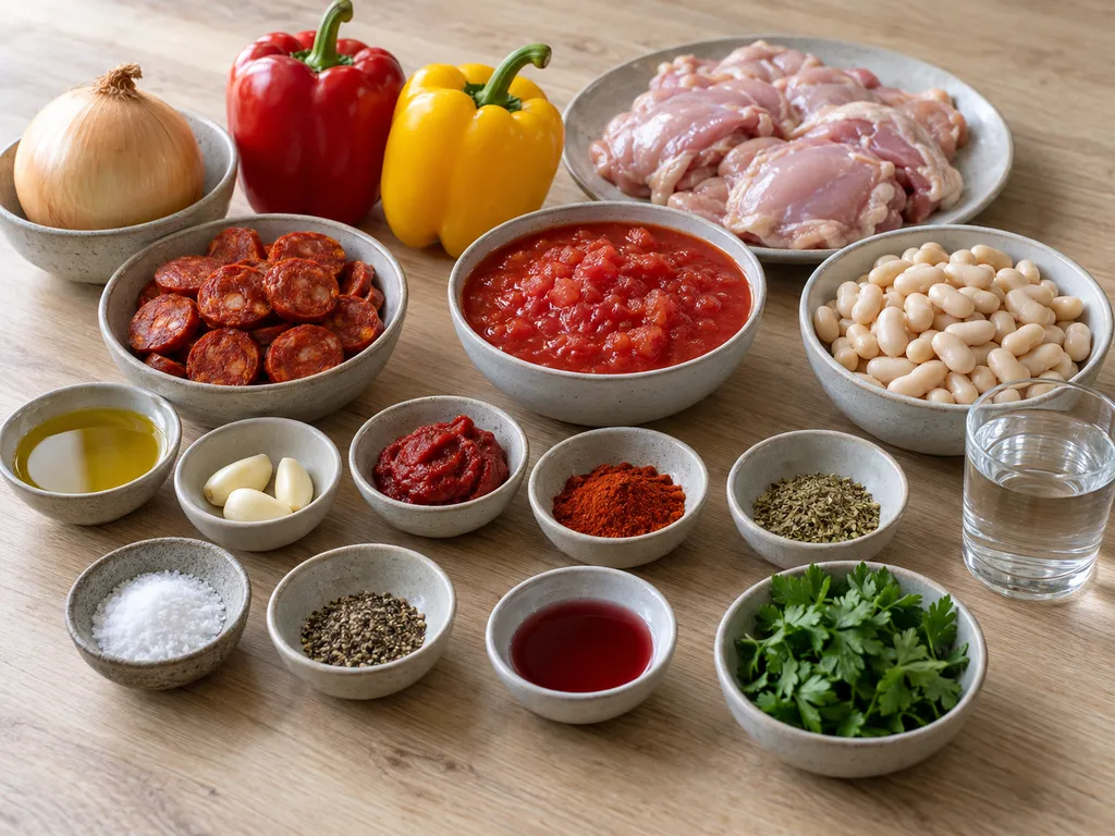 Kyckling, chorizo, paprika, vita bönor och övriga råvaror till grytan