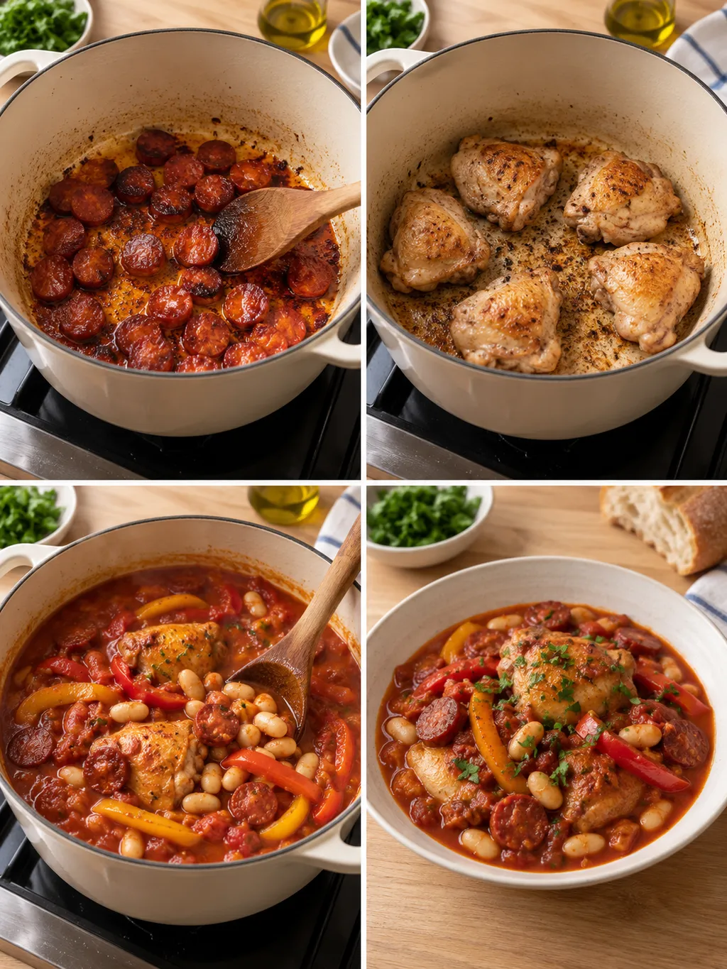 Chorizo steks, kyckling bryns, bönor tillsätts och den färdiga grytan serveras