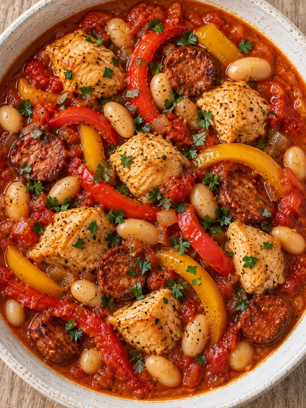 Mustig kycklinggryta med chorizoskivor, paprika, vita bönor och persilja